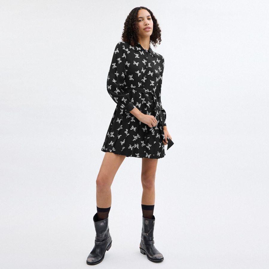 Vestido COACH Bow Print Silk Feminino Pretas | 20785BVMA