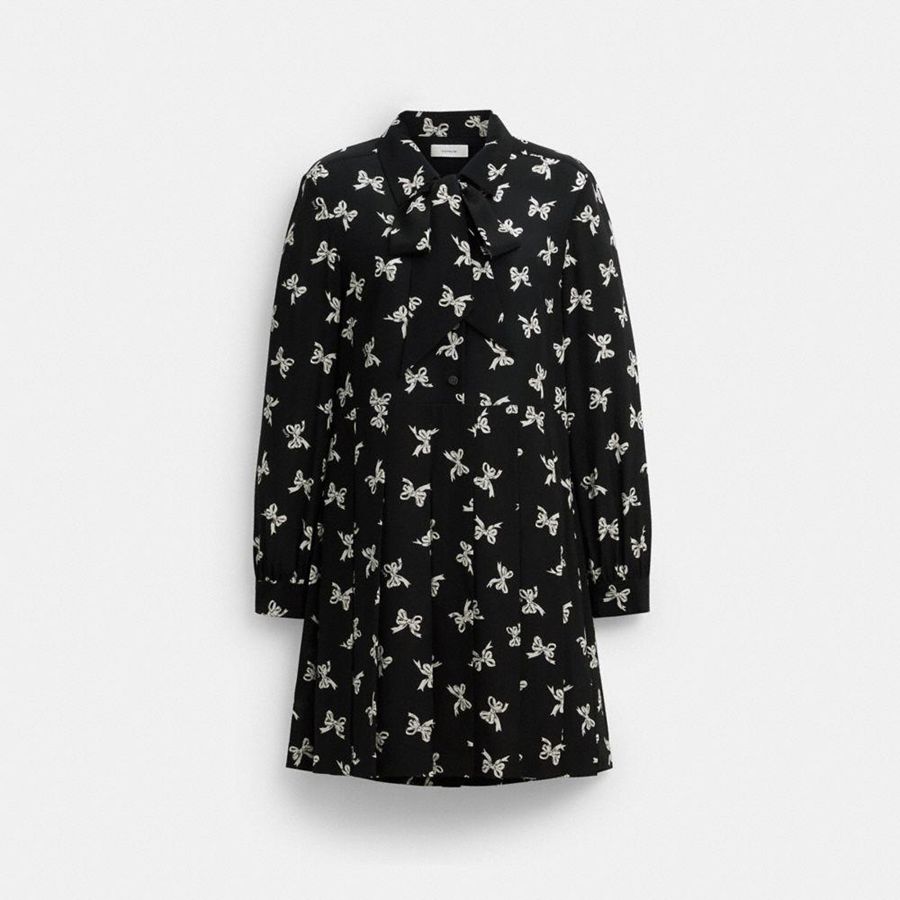 Vestido COACH Bow Print Silk Feminino Pretas | 20785BVMA