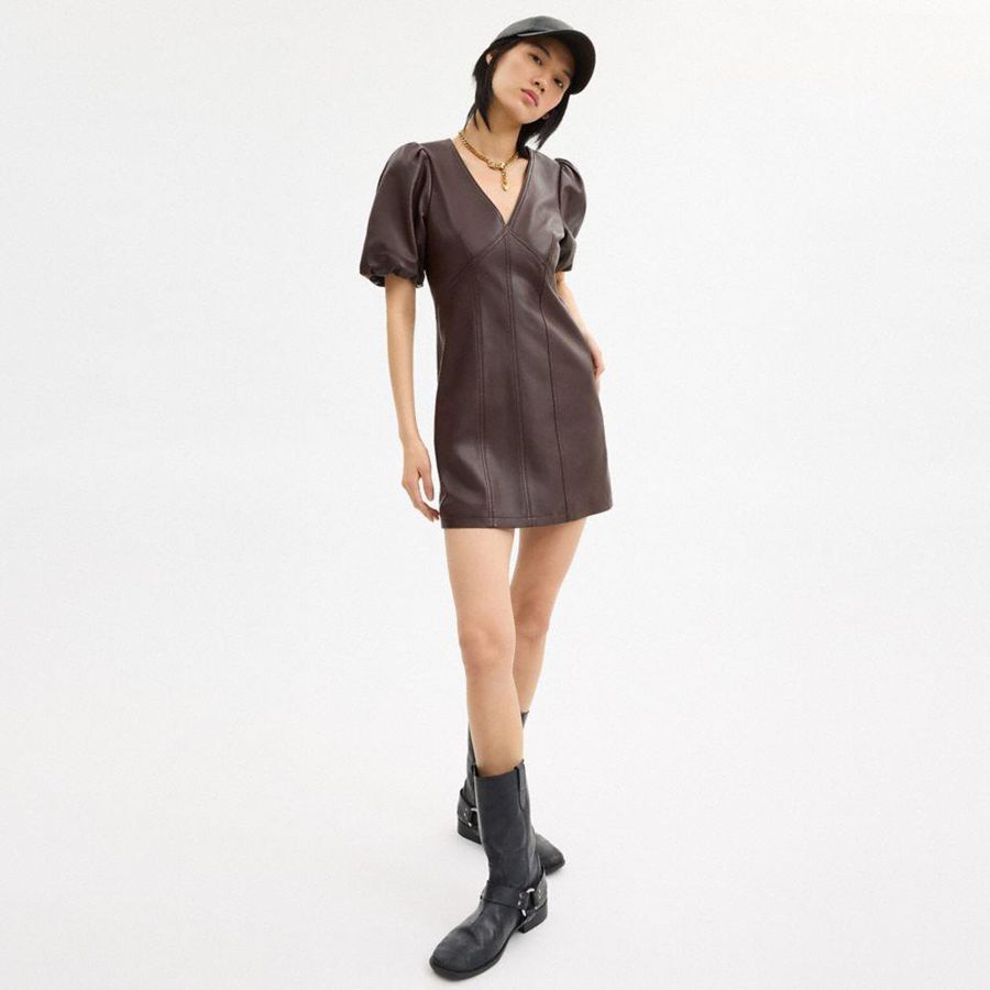 Vestido COACH Leather Puff Sleeve Feminino Marrom | 65204LUWK