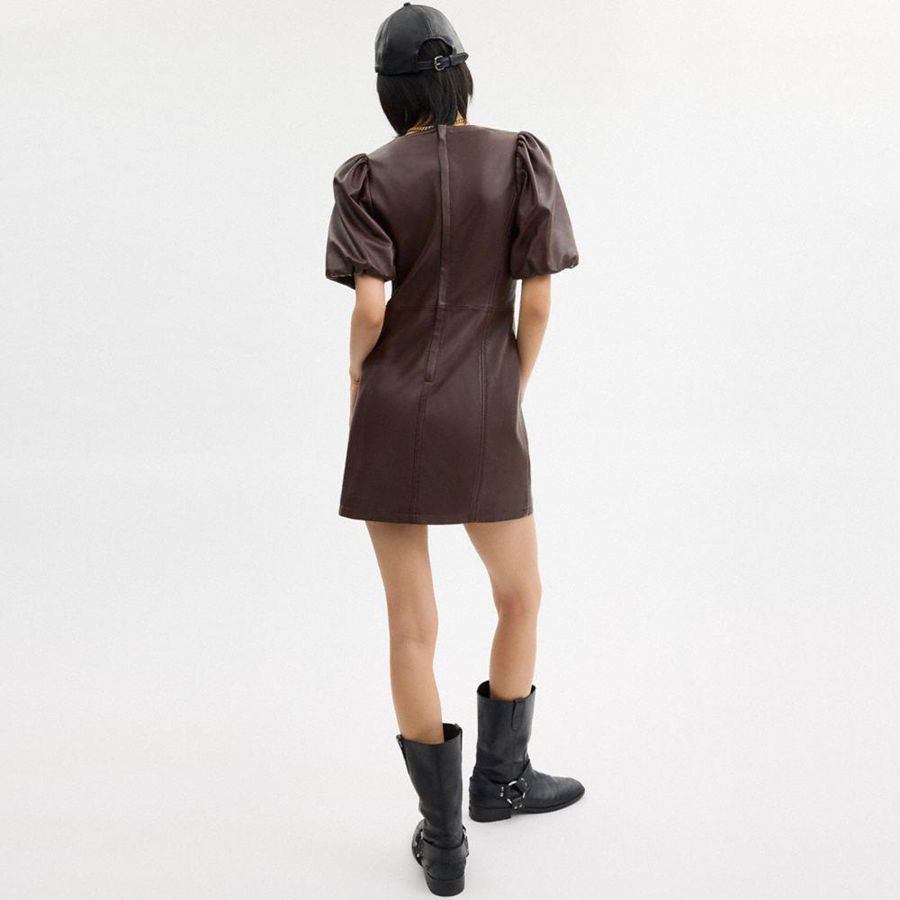 Vestido COACH Leather Puff Sleeve Feminino Marrom | 65204LUWK