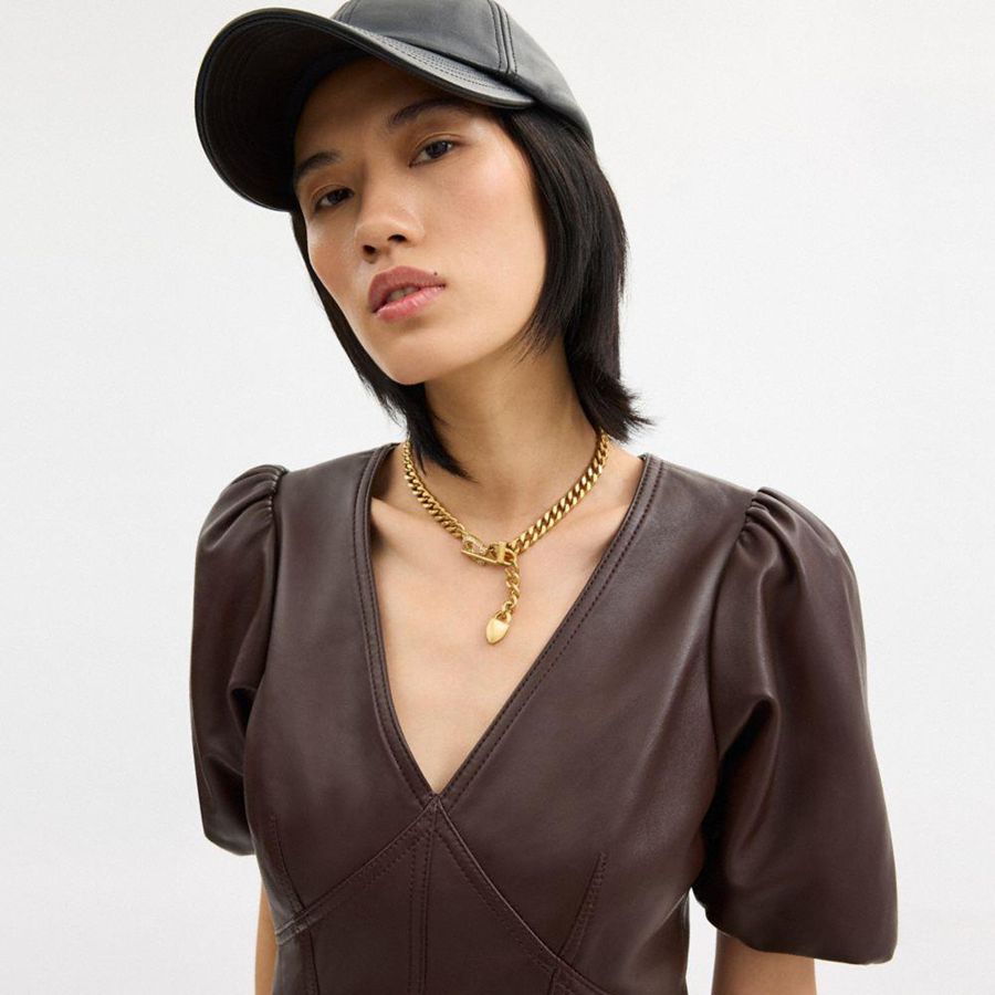 Vestido COACH Leather Puff Sleeve Feminino Marrom | 65204LUWK