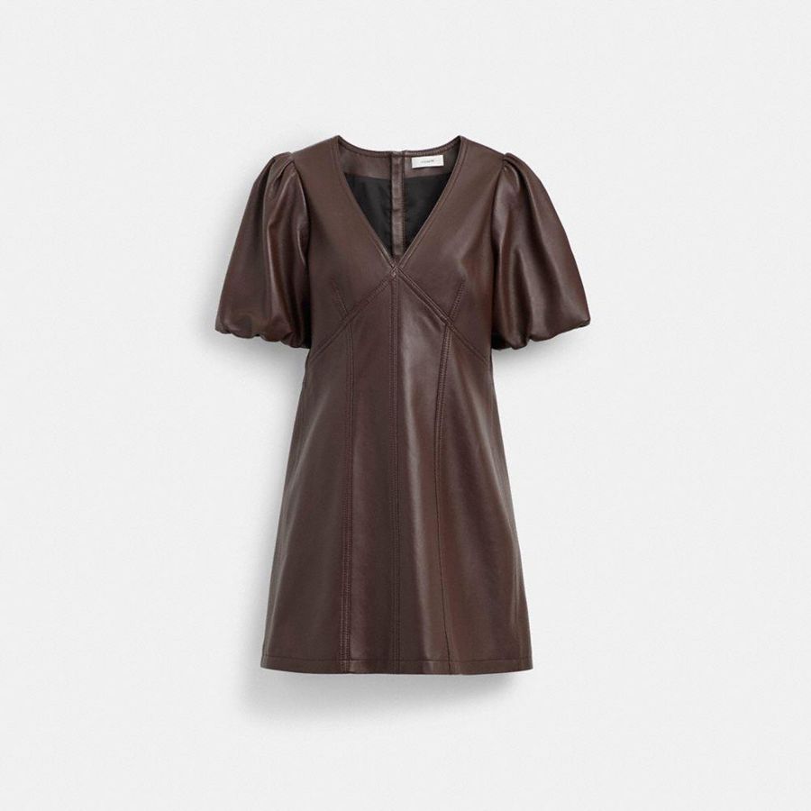 Vestido COACH Leather Puff Sleeve Feminino Marrom | 65204LUWK