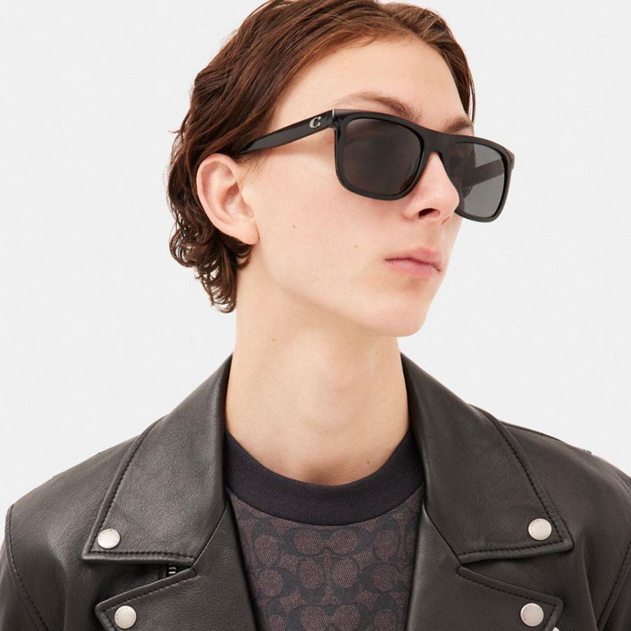 Óculos de Sol COACH Beveled Signature Flat Top Square Masculino Pretas | 26180MQFT