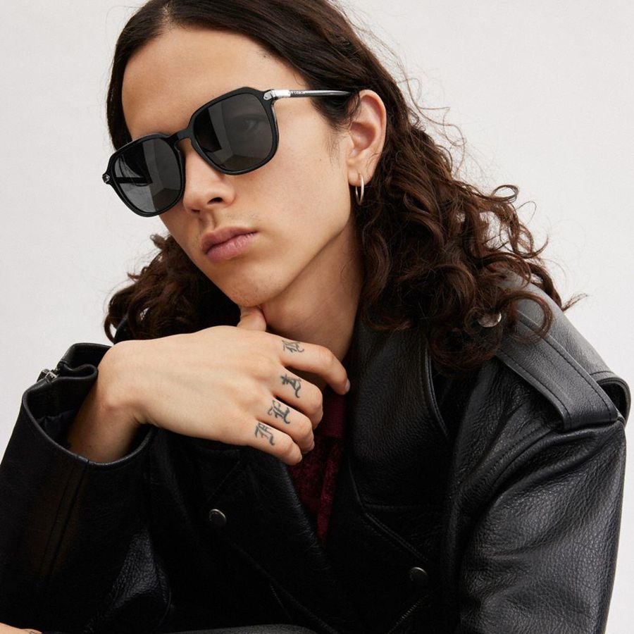 Óculos de Sol COACH Wrap Around Hangtag Keyhole Masculino Pretas | 20195PEWT
